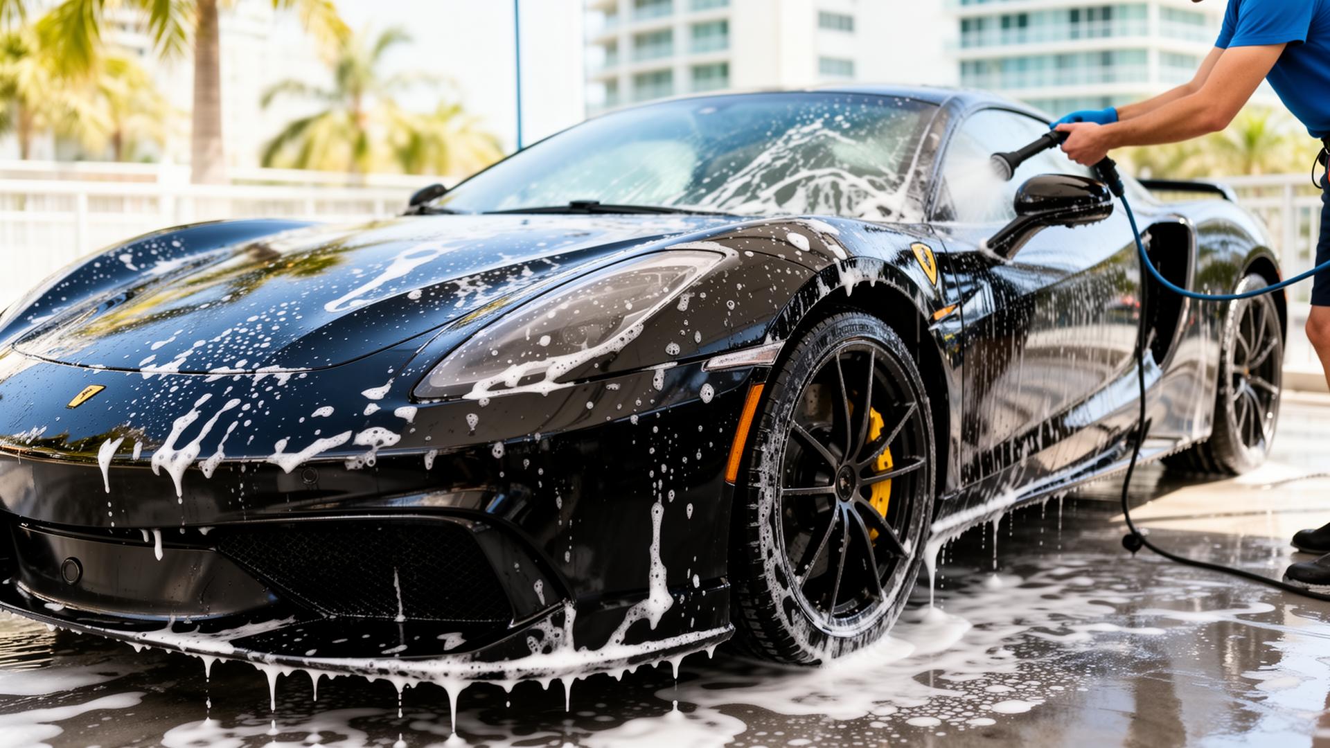 Professional mobile car detailing service in Miami — luxury car being washed and polished